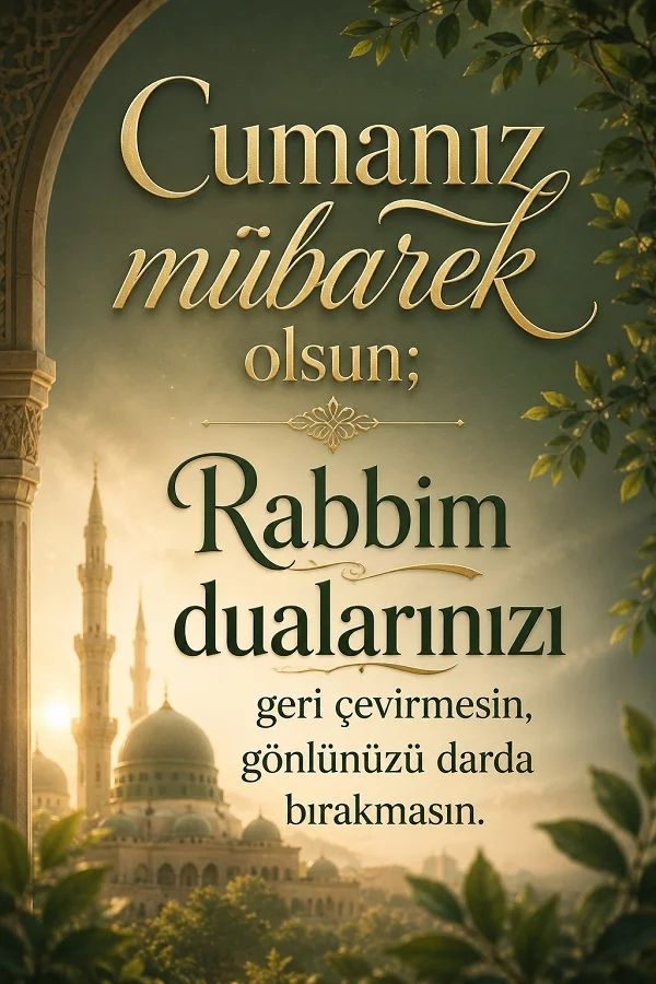 Cami silüeti ve yaprak çerçevesi eşliğinde “Cumanız mübarek olsun; Rabbim dualarınızı geri çevirmesin, gönlünüzü darda bırakmasın.” yazılı cuma mesajı tasarımı.