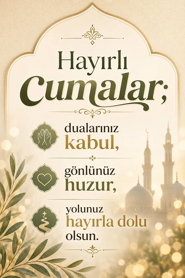 Kemer biçimli arka plan, dua ve kalp ikonları ile “Hayırlı Cumalar; dualarınız kabul, gönlünüz huzur, yolunuz hayırla dolu olsun.” yazılı cuma mesajı.