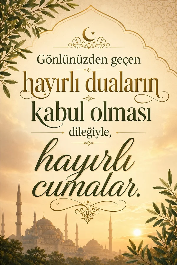 Cami manzarası ve dekoratif süslemelerle “Gönlünüzden geçen hayırlı duaların kabul olması dileğiyle, hayırlı cumalar.” yazılı cuma görseli.