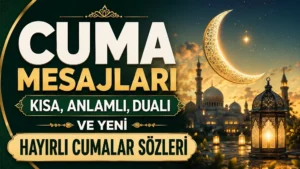 Cuma Mesajları: Kısa, Anlamlı, Dualı ve Yeni Hayırlı Cumalar Sözleri başlıklı, cami, hilal ve kandil detayları bulunan yeşil ve altın tonlarında modern dini kapak görseli.