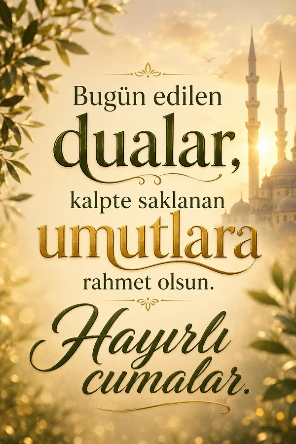 Minareli arka plan ve yaprak detaylarıyla “Bugün edilen dualar, kalpte saklanan umutlara rahmet olsun. Hayırlı cumalar.” yazılı dikey cuma mesajı tasarımı.