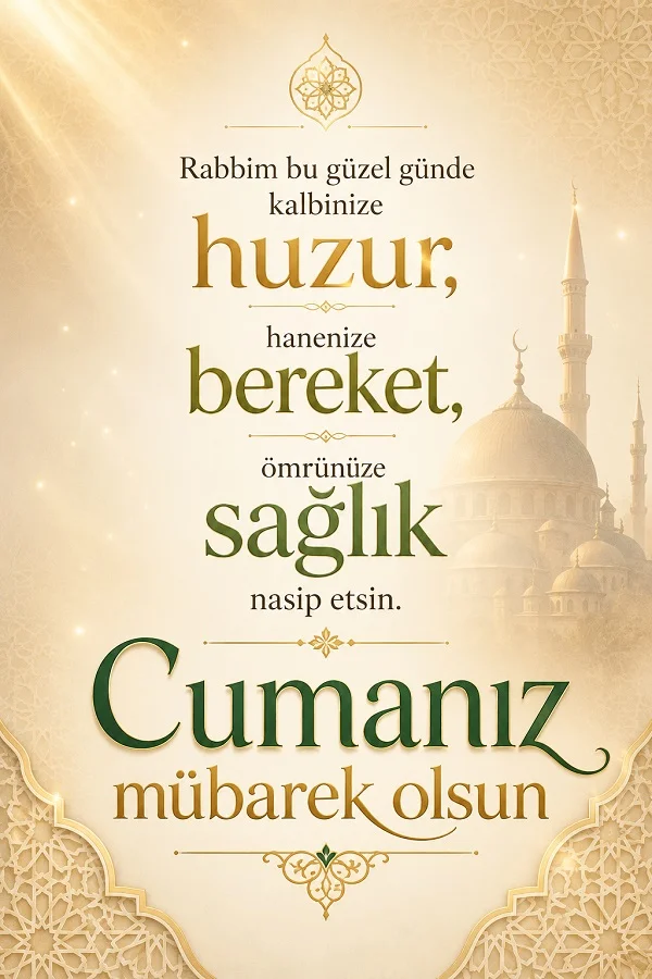 İslami desenler ve cami silüeti eşliğinde “Rabbim bu güzel günde kalbinize huzur, hanenize bereket, ömrünüze sağlık nasip etsin. Cumanız mübarek olsun.” yazılı görsel.