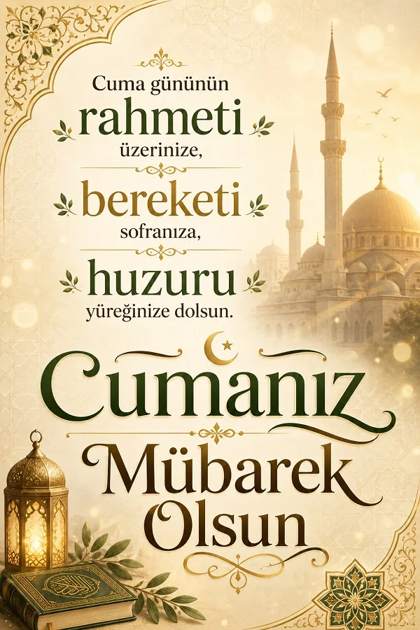Fener, Kur’an ve cami figürleriyle “Cuma gününün rahmeti üzerinize, bereketi sofranıza, huzuru yüreğinize dolsun. Cumanız Mübarek Olsun.” yazılı cuma görseli.