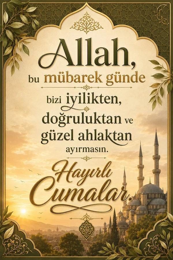 Dekoratif çerçeve, yaprak süslemeleri ve cami manzarası eşliğinde “Allah, bu mübarek günde bizi iyilikten, doğruluktan ve güzel ahlaktan ayırmasın. Hayırlı Cumalar.” yazılı görsel.