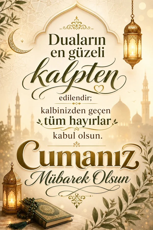 Fenerler, Kur’an ve cami silüeti bulunan tasarımda “Duaların en güzeli kalpten edilendir; kalbinizden geçen tüm hayırlar kabul olsun. Cumanız Mübarek Olsun.” yazıyor.