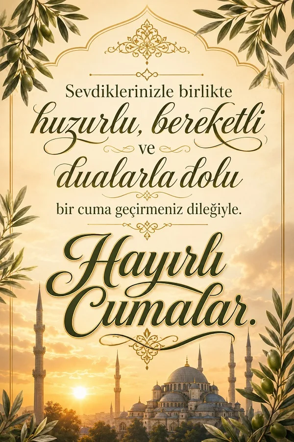 Zeytin dalları ve cami manzarasıyla hazırlanan görselde “Sevdiklerinizle birlikte huzurlu, bereketli ve dualarla dolu bir cuma geçirmeniz dileğiyle. Hayırlı Cumalar.” yazılıdır.