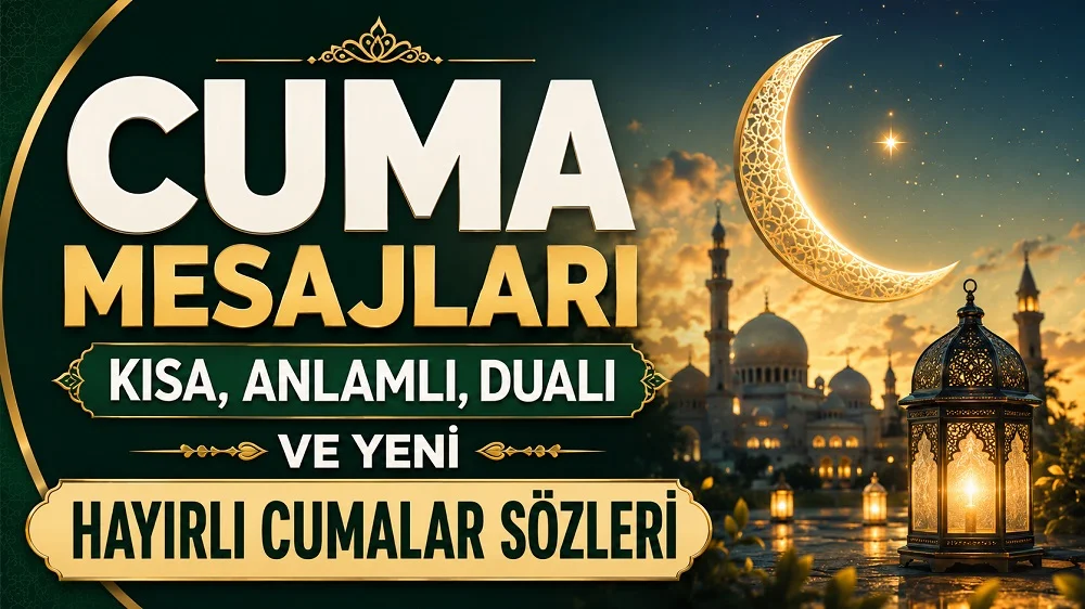 Cuma Mesajları: Kısa, Anlamlı, Dualı ve Yeni Hayırlı Cumalar Sözleri başlıklı, cami, hilal ve kandil detayları bulunan yeşil ve altın tonlarında modern dini kapak görseli.