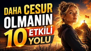 Daha Cesur Olmanın 10 Etkili Yolu başlıklı, gün batımı önünde kendinden emin duran sarışın kadın, zirveye çıkan merdivenler, bayrak ve şehir manzarası içeren kişisel gelişim kapak tasarımı.
