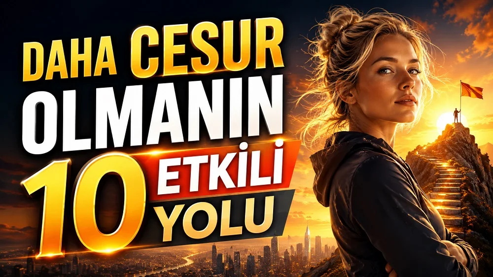 Daha Cesur Olmanın 10 Etkili Yolu başlıklı, gün batımı önünde kendinden emin duran sarışın kadın, zirveye çıkan merdivenler, bayrak ve şehir manzarası içeren kişisel gelişim kapak tasarımı.