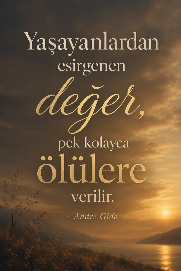 Gün batımı ve göl manzarası önünde, “Yaşayanlardan esirgenen değer, pek kolayca ölülere verilir.” sözü ve Andre Gide imzası yer alıyor.