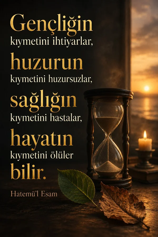 Kum saati ve mum bulunan loş bir iç mekânda, “Gençliğin kıymetini ihtiyarlar, huzurun kıymetini huzursuzlar, sağlığın kıymetini hastalar, hayatın kıymetini ölüler bilir.” sözü ve Hatemü’l Esam imzası yer alıyor.