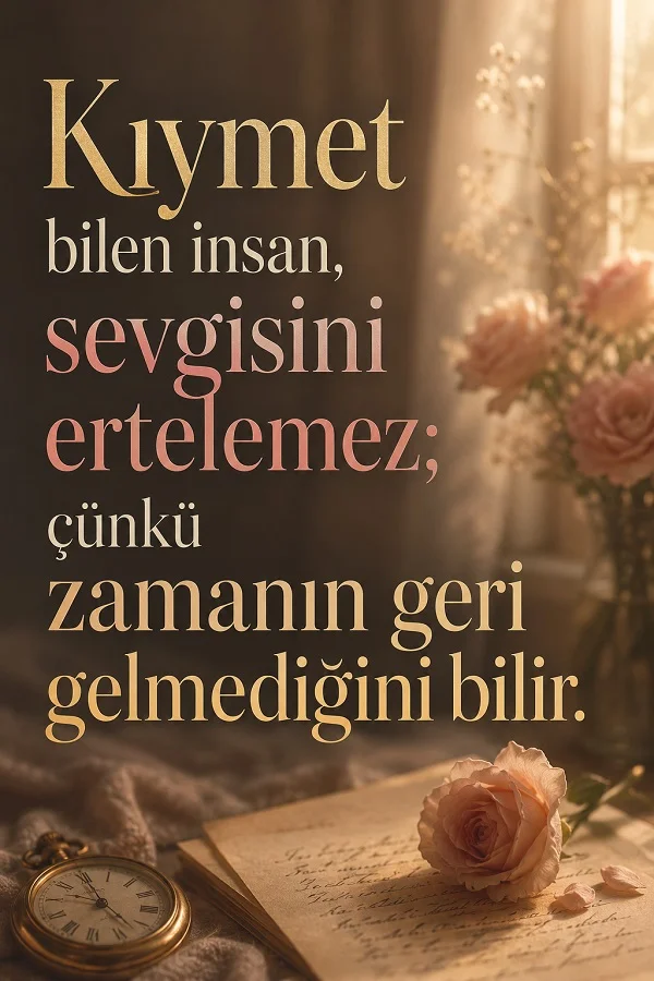 Masa üzerinde saat, mektup ve güller bulunan romantik bir fonda, “Kıymet bilen insan, sevgisini ertelemez; çünkü zamanın geri gelmediğini bilir.” sözü yer alıyor.