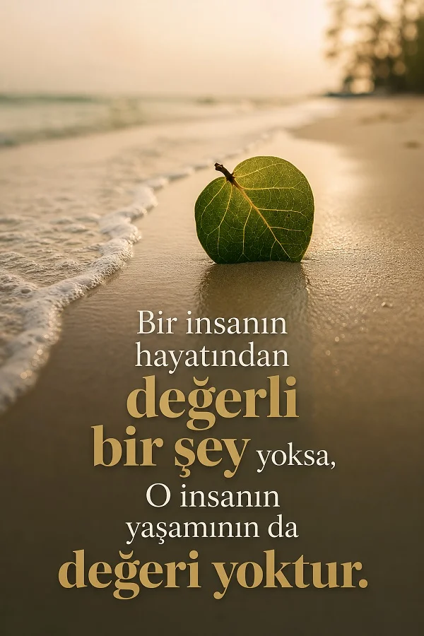Kumsalda dalga kenarında duran yeşil yaprak önünde, “Bir insanın hayatından değerli bir şey yoksa, o insanın yaşamının da değeri yoktur.” sözü yer alıyor.