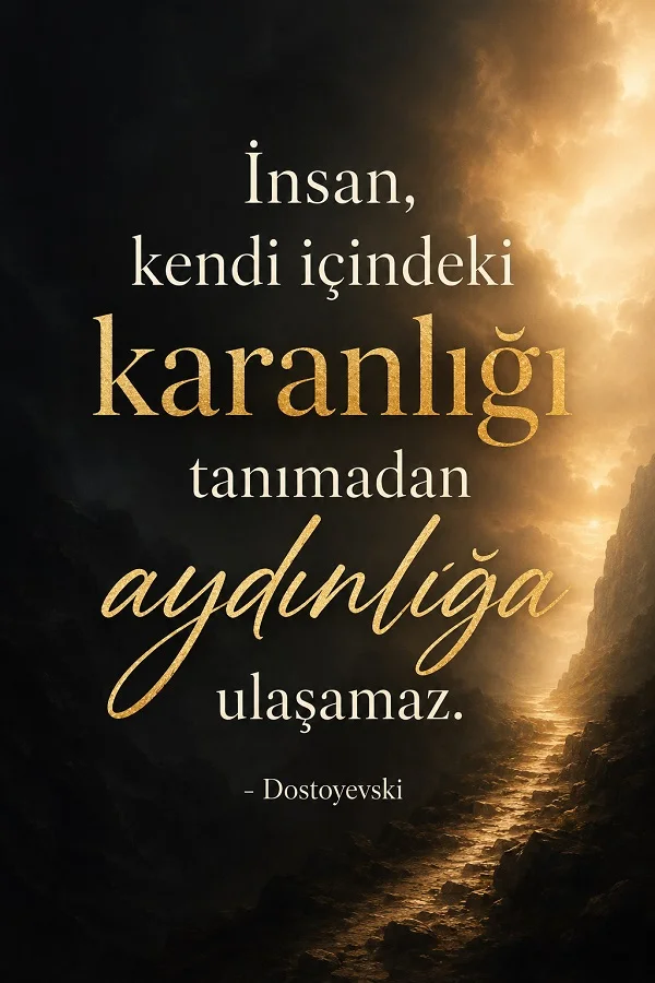 Karanlık bir geçit ve ışık huzmesi fonunda, “İnsan, kendi içindeki karanlığı tanımadan aydınlığa ulaşamaz.” sözü ve Dostoyevski imzası bulunuyor.