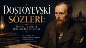 Dostoyevski portresi, koyu mavi ve altın tonlar, eski şehir manzarası ve büyük tipografiyle hazırlanmış “Dostoyevski Sözleri: Anlamlı, Derin ve Düşündüren Alıntılar” başlıklı modern kapak görseli.