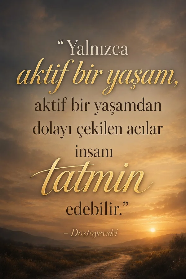 Gün batımında kıvrılarak uzanan yol manzarası üzerinde, “Yalnızca aktif bir yaşam, aktif bir yaşamdan dolayı çekilen acılar insanı tatmin edebilir.” sözü ve Dostoyevski imzası bulunuyor.