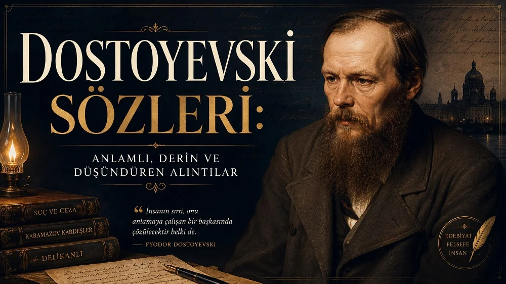 Dostoyevski portresi, koyu mavi ve altın tonlar, eski şehir manzarası ve büyük tipografiyle hazırlanmış “Dostoyevski Sözleri: Anlamlı, Derin ve Düşündüren Alıntılar” başlıklı modern kapak görseli.