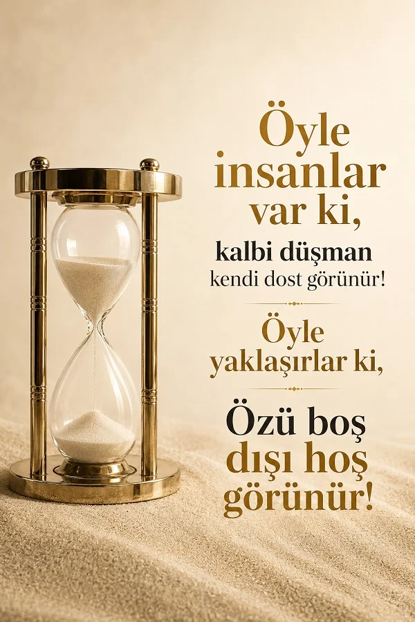 Kum üzerinde duran altın renkli bir kum saatinin yanında “Öyle insanlar var ki, kalbi düşman kendi dost görünür! Öyle yaklaşırlar ki, özü boş dışı hoş görünür!” sözü yazıyor.