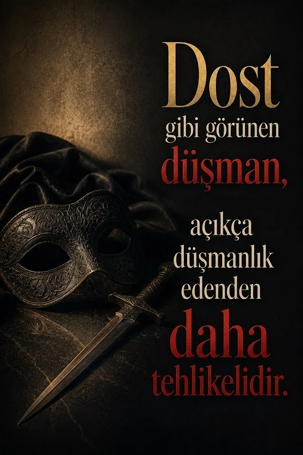 Karanlık zeminde bir maske ve hançerin bulunduğu görselde “Dost gibi görünen düşman, açıkça düşmanlık edenden daha tehlikelidir.” sözü yazıyor.