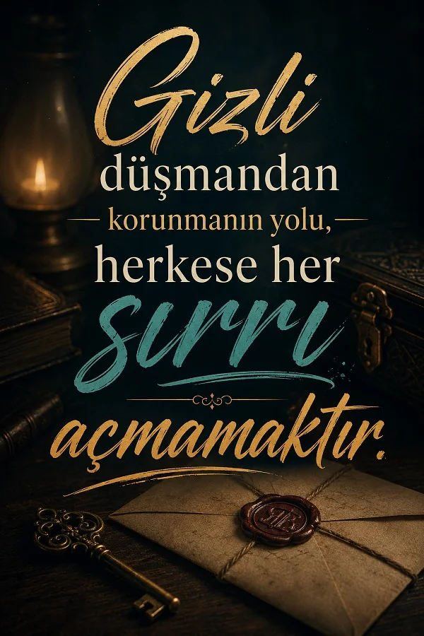 Masa üzerinde anahtar ve mühürlü zarfın yer aldığı görselde “Gizli düşmandan korunmanın yolu, herkese her sırrı açmamaktır.” sözü bulunuyor.
