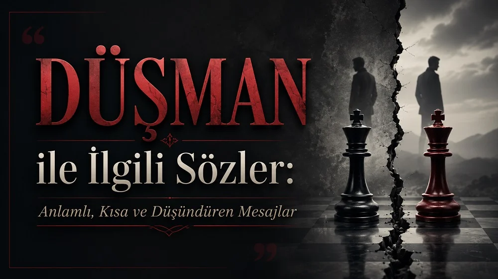 Düşman ile ilgili sözler başlığıyla, karanlık arka plan, satranç taşları, çatlak duvar ve birbirinden uzak duran insan silüetlerinin yer aldığı modern kapak görseli.