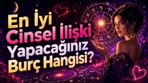 En İyi Cinsel İlişki Yapacağınız Burç Hangisi başlıklı, zodiac çarkı, yıldızlar, mistik kadın figürü ve mor pembe kozmik arka plan içeren astroloji kapak görseli.