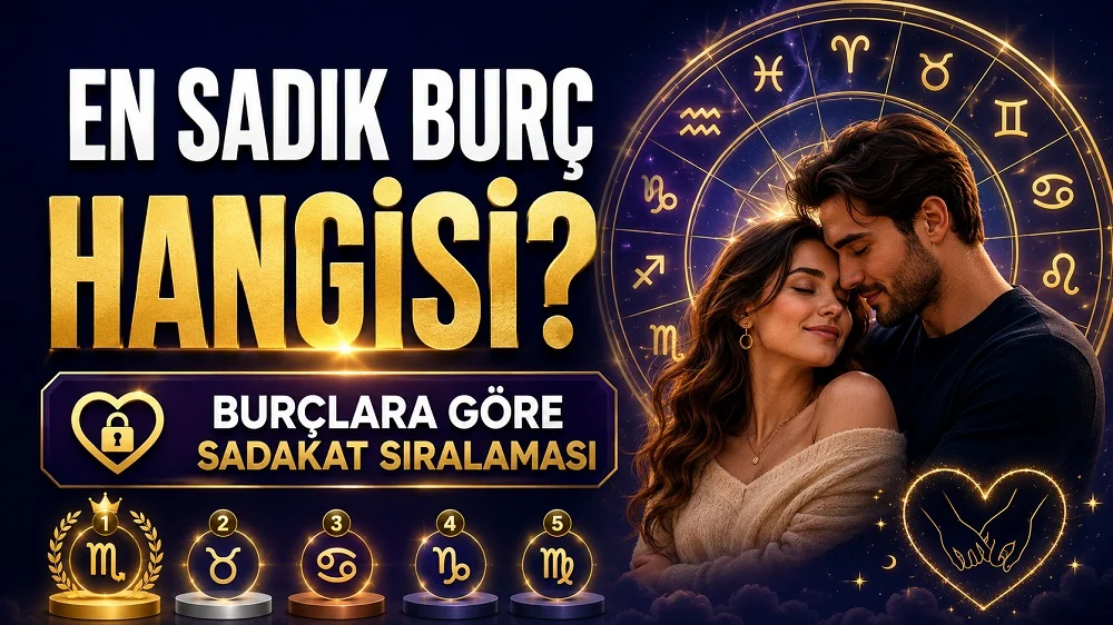 En Sadık Burç Hangisi? Burçlara Göre Sadakat Sıralaması başlıklı, romantik çift figürü, burç çemberi, sadakat simgeleri ve astroloji sembolleri bulunan modern kapak görseli.