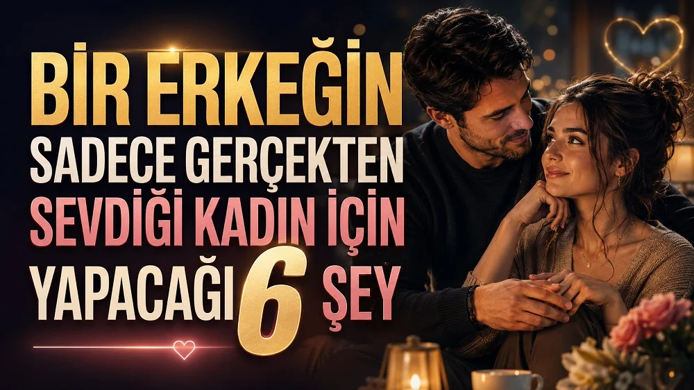 Bir Erkeğin Sadece Gerçekten Sevdiği Kadın İçin Yapacağı 6 Şey başlıklı, birbirine sevgiyle bakan çift, sıcak ev atmosferi, kalp sembolü, mum ışığı ve çiçek detayları içeren ilişki temalı kapak tasarımı.