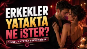 Erkekler Yatakta Ne İster Cinsel Hayatta Beklentileri başlıklı, romantik çift, mum ışıkları, kalp sembolü ve kırmızı tonlarda hazırlanmış ilişki temalı kapak tasarımı.