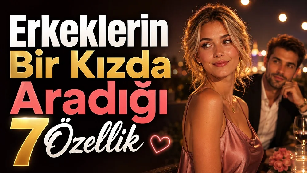 Erkeklerin Bir Kızda Aradığı 7 Özellik başlıklı, romantik ortamda sarışın kadın ve arka planda erkek figürü, kalp sembolü ve sıcak akşam ışıkları içeren ilişki temalı kapak tasarımı.