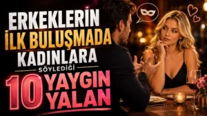 Erkeklerin İlk Buluşmada Kadınlara Söylediği 10 Yaygın Yalan başlıklı, romantik restoranda oturan sarışın kadın ve karşısında konuşan erkek, maske simgesi, kalp detayları ve sıcak akşam atmosferi içeren ilişki temalı kapak tasarımı.
