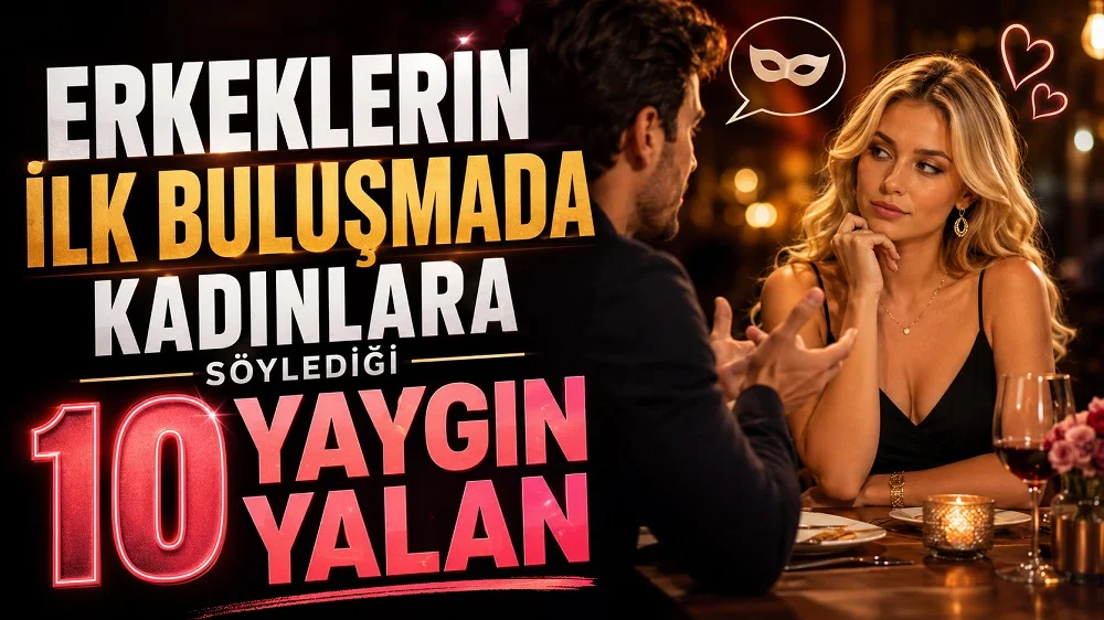 Erkeklerin İlk Buluşmada Kadınlara Söylediği 10 Yaygın Yalan başlıklı, romantik restoranda oturan sarışın kadın ve karşısında konuşan erkek, maske simgesi, kalp detayları ve sıcak akşam atmosferi içeren ilişki temalı kapak tasarımı.