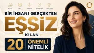 Bir İnsanı Gerçekten Eşsiz Kılan 20 Önemli Nitelik başlıklı, kadın figürlü, modern lacivert ve altın tonlarında hazırlanmış kişisel gelişim kapak görseli.