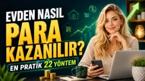 Evden para kazanma yöntemlerini anlatan, laptop başında çalışan sarışın kadın, para simgeleri, yükselen grafikler ve büyük başlık yazısı içeren modern kapak görseli.