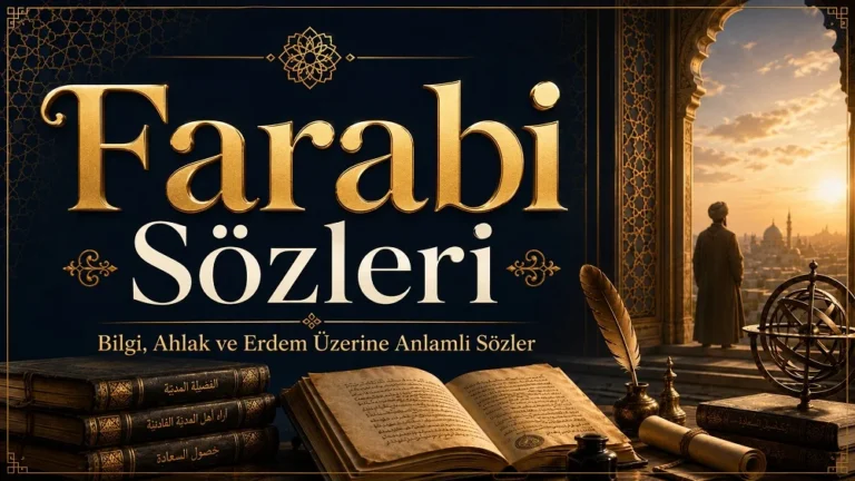 Eski kitaplar, açık el yazması, divit, usturlap ve İslam mimarisi eşliğinde “Farabi Sözleri Bilgi, Ahlak ve Erdem Üzerine Anlamlı Sözler” başlığının yer aldığı modern kapak görseli.