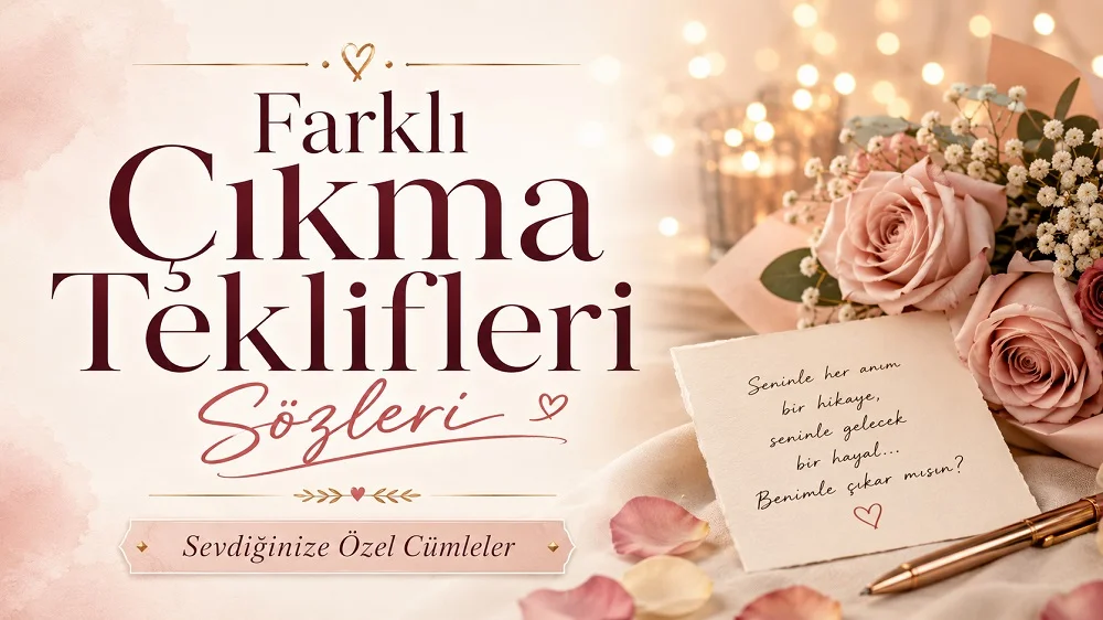 Farklı çıkma teklifleri sözleri başlığıyla, güller, romantik not kâğıdı ve sıcak ışıkların yer aldığı estetik kapak görseli.
