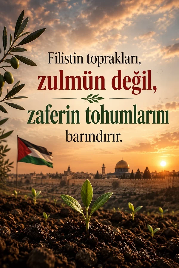 Filistin bayrağı, zeytin dalları ve topraktan çıkan filizlerin yer aldığı sahnede, “Filistin toprakları, zulmün değil, zaferin tohumlarını barındırır.” sözü yazılıdır.