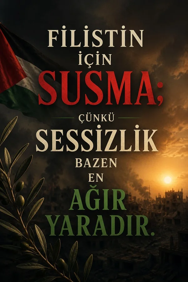 Filistin bayrağı, zeytin dalı ve yıkım atmosferi bulunan koyu tonlu sahnede, “Filistin için susma; çünkü sessizlik bazen en ağır yaradır.” sözü yer alıyor.