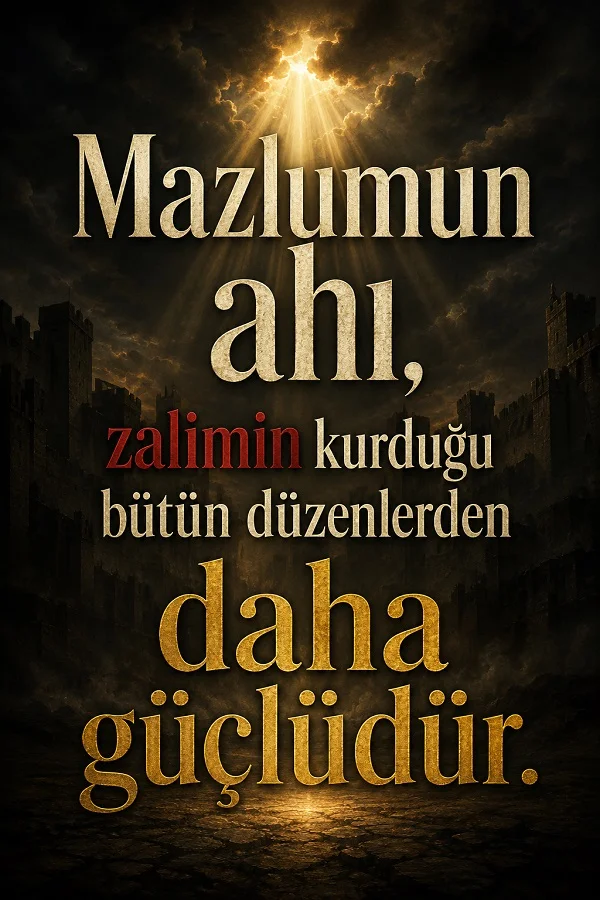 Karanlık yıkıntılar ve gökyüzünden süzülen ışık eşliğinde, “Mazlumun ahı, zalimin kurduğu bütün düzenlerden daha güçlüdür.” sözü yazılıdır.