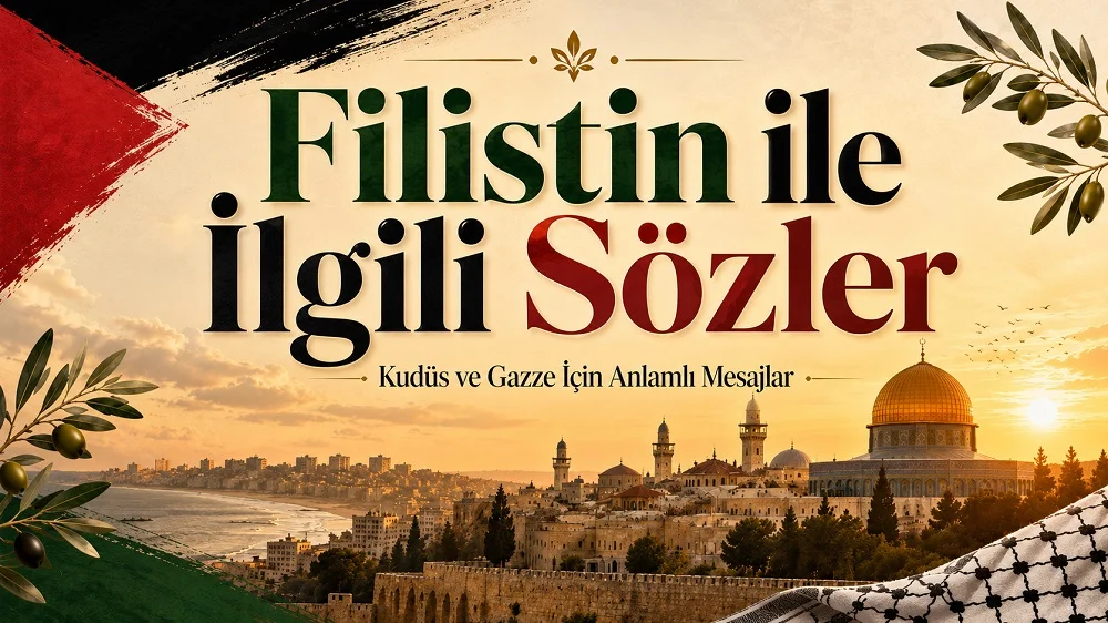 Filistin ile ilgili sözler başlığıyla, Kudüs manzarası, Filistin bayrağı renkleri, zeytin dalları ve keffiye detaylarının yer aldığı modern kapak görseli.