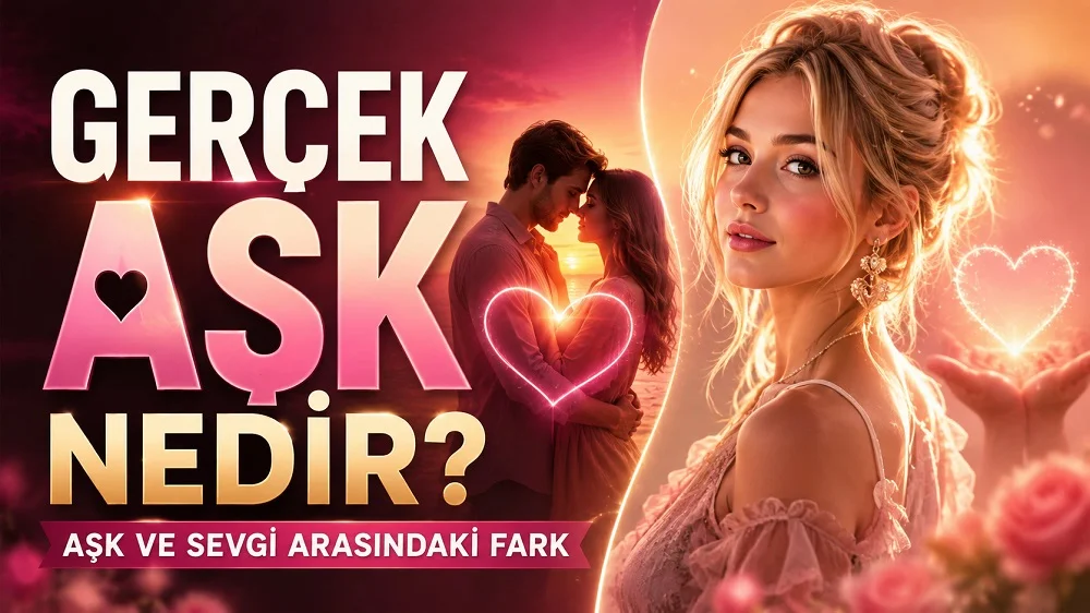 Gerçek Aşk Nedir Aşk ve Sevgi Arasındaki Fark başlıklı, sarışın kadın, romantik çift silüeti, kalp sembolleri, pembe ve altın tonlarda hazırlanmış ilişki temalı kapak tasarımı.