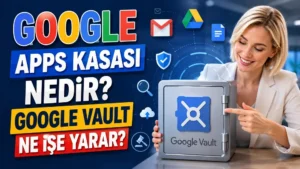 Google Apps Kasası Nedir Google Vault Ne İşe Yarar başlıklı, Google Vault kasası, Gmail, Drive, Dokümanlar ikonları, güvenlik kalkanı, arama simgesi ve teknoloji temalı arka plan içeren kapak tasarımı.