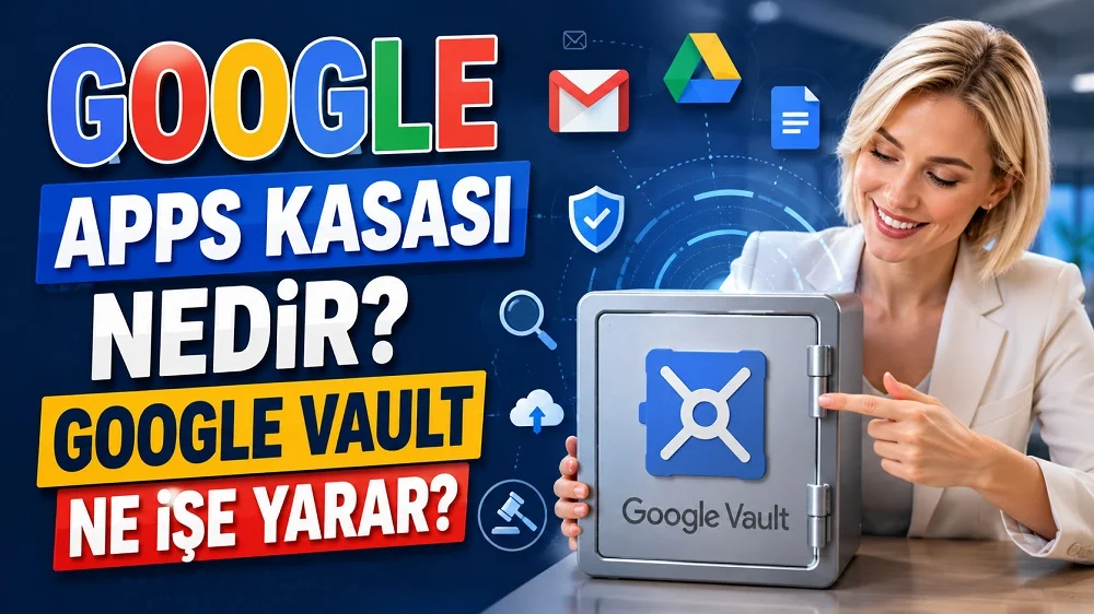 Google Apps Kasası Nedir Google Vault Ne İşe Yarar başlıklı, Google Vault kasası, Gmail, Drive, Dokümanlar ikonları, güvenlik kalkanı, arama simgesi ve teknoloji temalı arka plan içeren kapak tasarımı.