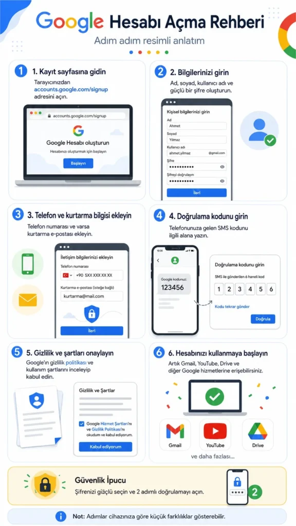 Google hesabı açma rehberi başlıklı görselde, yeni hesap oluşturma süreci altı adımda resimli olarak anlatılıyor.