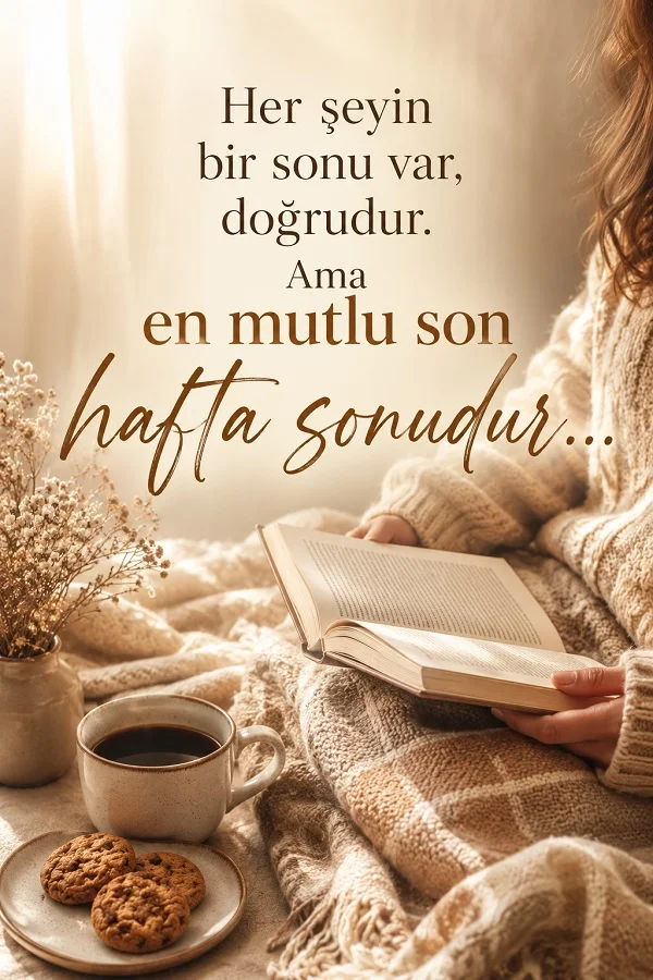Battaniyeye sarınmış bir kişinin kitap okuduğu, yanında kahve ve kurabiyelerin bulunduğu sıcak bir ortamda hafta sonunu anlatan yazılı görsel.