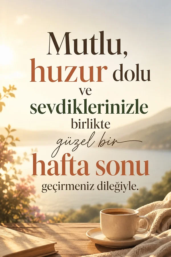 Deniz manzaralı bir masa üzerinde kahve, kitap ve battaniye bulunan, huzurlu hafta sonu dileği içeren sıcak tonlarda hazırlanmış yazılı tasarım.
