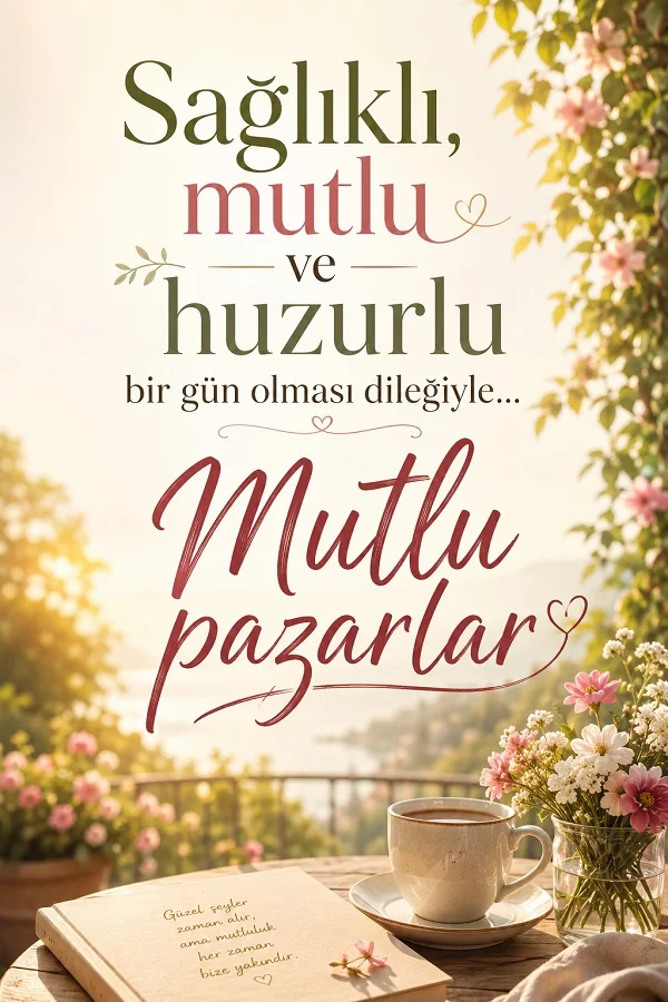 Çiçekli balkon ortamında kahve ve defter bulunan, mutlu pazarlar mesajı taşıyan ferah ve sıcak renkli yazılı tasarım.