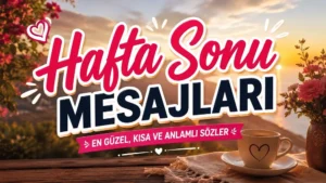 Gün batımı manzarası, kahve fincanı, çiçekler ve büyük renkli tipografiyle hazırlanmış “Hafta Sonu Mesajları: En Güzel, Kısa ve Anlamlı Sözler” başlıklı modern kapak görseli.