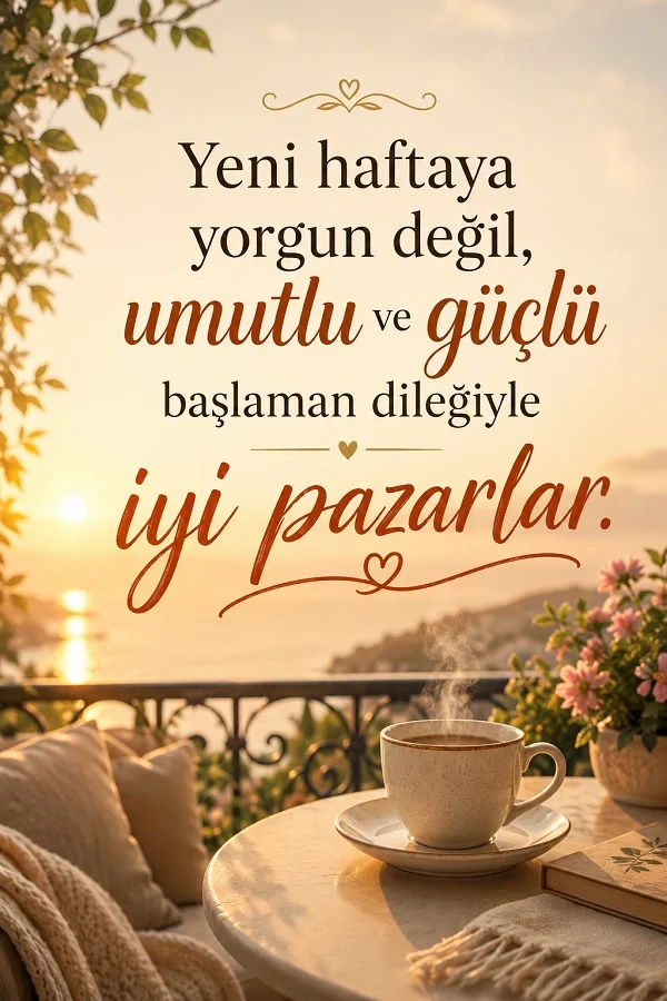 Gün doğumu manzaralı balkonda kahve fincanı bulunan, yeni haftaya umutlu ve güçlü başlama mesajı içeren yazılı tasarım.