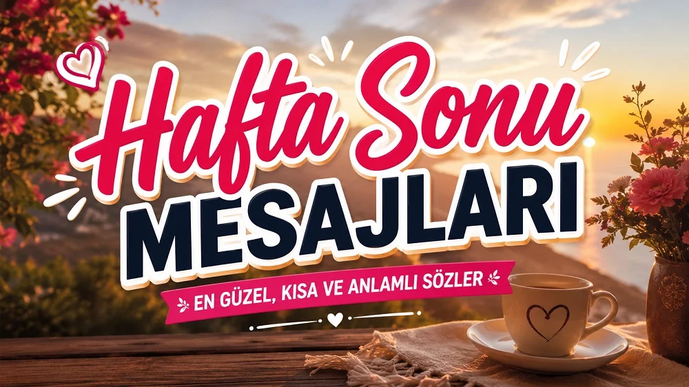 Gün batımı manzarası, kahve fincanı, çiçekler ve büyük renkli tipografiyle hazırlanmış “Hafta Sonu Mesajları: En Güzel, Kısa ve Anlamlı Sözler” başlıklı modern kapak görseli.